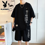 花花公子（PLAYBOY ESTABLISHED 1953）短袖t恤套裝男士夏季2025新款寬松休閑運動短褲兩件套潮 TZ2511黑色 M