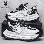 花花公子（PLAYBOY PHYSICAL）男鞋2025新款夏季透氣網(wǎng)面百搭運(yùn)動鞋休閑輪胎底增高港風(fēng)老爹潮鞋 白黑 43