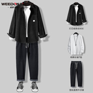 威登羊衣服男燈芯絨外套男夾克秋季潮流休閑三件套男裝搭配一套帥氣秋天 三件套 黑色夾克+白T+711牛仔褲 3XL