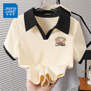 真維斯（JEANSWEST）polo領(lǐng)短袖t恤女夏季2025新款設(shè)計(jì)感翻領(lǐng)撞色上衣學(xué)院風(fēng)純棉體恤 米色 復(fù)古故事書_K 2XL