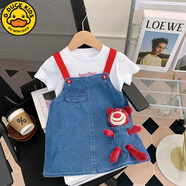 G.DUCKKIDS小黃鴨女童夏季牛仔背帶裙套裝兒童新款寶寶短袖小女孩兩件套潮 白色T恤+牛仔背帶裙 110 建議身高100-110CM