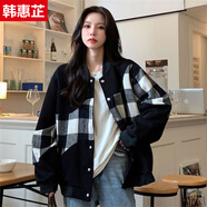 韓惠芷美式棒球服外套女春秋款韓版寬松百搭學(xué)生原宿風(fēng)夾克女裝上衣 A31黑色【皮袖雙層有內里】 常規 3XL 【建議170-200斤】