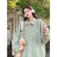 XCFREHT【店鋪】外套女春秋美式復(fù)古翻領(lǐng)初高中學(xué)生休閑寬松不規(guī)則設(shè) 綠色 (不是麂皮面料) M 105-120斤左右