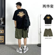 AEMAPE夏季套裝男日系短袖t恤男美式潮牌印花INS寬松潮流休閑工裝短褲 黑色T恤+軍綠色工裝短褲[純棉高質量] 2XL （建議150-165斤）
