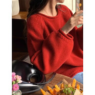 智兜兜法式洋氣針織衫毛衣套頭2023新款女秋冬韓版粗棒針寬松慵懶風(fēng)上衣 紅色 均碼