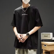 大魚界線（dayujiexian）短袖T恤男潮牌夏季寬松五分袖2024年新款網(wǎng)紅潮流ins簡約印花上衣 黑色 2XL