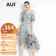 AUI 雪紡連衣裙女2022夏季新款女士裙子氣質(zhì)不規(guī)則荷葉邊碎花裙 灰藍(lán) S
