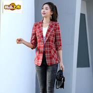 初徑春季新款七分袖小西裝女格子修身顯瘦西服大口袋小外套工服 紅色 M 90-100斤