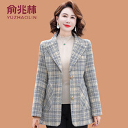 俞兆林（YUZHAOLIN）媽媽春秋格子西裝外套時(shí)尚寬松2025新款中老年女裝秋裝毛呢上衣服 米灰色 XL (參考90-105斤)