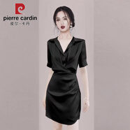 皮爾卡丹（PIERRE CARDIN）小黑裙宴會(huì )小禮服2025夏季新款翻領(lǐng)氣質(zhì)百搭收腰褶皺襯衫裙連衣裙 黑色 2XL