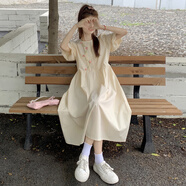 蝶姿錦法式甜美泡泡袖連衣裙女夏裝2025新款初中高中學(xué)生繡花森系長(zhǎng)裙子 奶油杏色 M