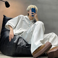 舉風(fēng)淡紫色蝙蝠袖翻領(lǐng)polo衫短袖男生夏季穿搭一整套美式條紋運動(dòng)套裝 灰色 3XL （適合）160-175斤