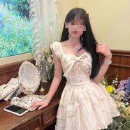 姿偉祺少女短裙顯瘦蕾絲拼接小飛袖公主連衣裙 杏色 S