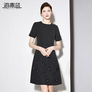 海青藍優(yōu)雅時(shí)尚圓領(lǐng)設計感立體蝴蝶A字粉色連衣裙2025夏季新款短袖裙 黑色 2XL