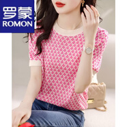羅蒙（ROMON）T恤女2023夏季新款清新減齡上衣百搭撞色修身打底甜美針織衫短袖 粉紅色 L