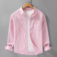 構致（GLOY&ZENITH）日系復古豎條紋襯衫男士長(cháng)袖休閑純棉青年文藝寬松襯衫外套 淡粉色（牛津紡帶口袋） L （115-130斤）