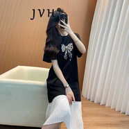 JVH香港潮牌休閑T恤連衣裙女 2025夏季新款寬松顯瘦運動(dòng)百褶直筒長(cháng)裙 黑色拼接白色 M (建議110斤以?xún)?