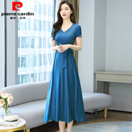 皮爾卡丹2026夏季新款高端氣質(zhì)緞面真·絲連衣裙修身顯瘦V領(lǐng)大擺長(cháng)裙 湖藍色 M