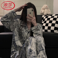 浪莎（LangSha）冰綢絲睡衣女春秋長(zhǎng)袖開(kāi)衫中青年開(kāi)衫印花可外穿大碼家居服套裝 H5050#水墨畫(huà) M (80-100斤)