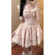 鏡莎碎花連衣裙子女夏季2025新款法式甜美可愛花邊蛋糕蓬蓬公主短裙子 粉紅色 均碼 可備注碼數(shù)