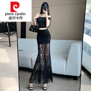 皮爾卡丹（pierre cardin）針織白色薄款假兩件蕾絲鉤花半身裙女夏季超好看百搭直筒包臀透明 黑色【2025新款/蕾絲屁簾/半身長(zhǎng) L 建議100-110斤