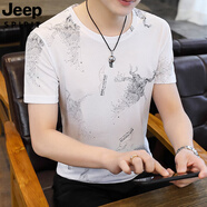 JEEP SPIRIT吉普V領短袖t恤男夏季2025新款休閑寬松半袖冰絲速干體恤男上衣服 8001白色【圓衣領】 L 170 120-135斤