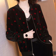 矜持范休閑金絲絨外套女春秋季女裝新款衣服韓版寬松洋氣棒球服長(cháng)袖夾克 5008小天鵝紅色 XL