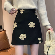 FSHE刺繡毛呢半身裙女秋冬女2024歐貨高腰包臀小個子A字甜酷短裙 黑色 S