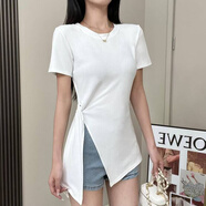 伊琦蕾純棉夏季不規則開(kāi)叉收腰綁帶短袖T恤夏季新款修身顯瘦中長(cháng)款上衣 白色 L 建議100-115斤