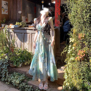 心楠 吊帶氣質(zhì)連衣裙女2025年夏季新款印花顯瘦收腰長裙子女海灘云南 有胸墊【m】適合95-105斤