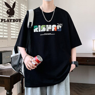 花花公子（PLAYBOY）字母印花短袖t恤男夏季黑色半袖男寬松上衣青少年五分袖港風(fēng)體恤T W735黑色 M 約85~110斤可穿