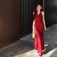 微光里掛脖連衣裙女夏季修身禮服長(cháng)裙純欲收腰開(kāi)叉包臀裙子性感V領(lǐng)裙子 掛脖包臀長(cháng)裙【紅色 M】 95-110斤