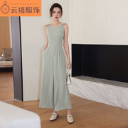 君瑞思現貨羅馬假日蝴蝶結連體褲 復古船領(lǐng)修身高腰連身闊腿長(cháng)褲 綠色 S