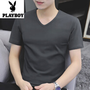 花花公子（PLAYBOY）男士短袖t恤男夏季雞心領(lǐng)純色純棉V領(lǐng)修身內(nèi)搭打底衫體恤上衣 SY301碳灰 2XL (145斤~160斤)