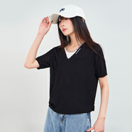 木果果木2025春季新款假兩件拼接針織T恤女慵懶氣質(zhì)顯瘦百搭上衣 黑色 均碼