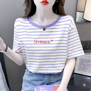 以純 YISHION時尚刺繡條紋短袖t恤女純棉女裝夏裝2025年新款韓版潮ins圓領上衣 2024#紫色條紋 S 適合80-99斤