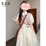 蒙森圖連衣裙學(xué)生少女高中生初中生女生裙子夏季法式收腰油畫系帶假兩件 假兩件拼接連衣裙 L 推薦110-120