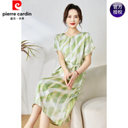 皮爾卡丹（pierre cardin）2025春夏新款貴族設(shè)計柔軟親膚輕薄飄逸時尚雙層印花真絲女連衣裙 綠色 XL