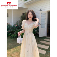 皮爾卡丹（PIERRE CARDIN）高腰泡泡袖法式長(zhǎng)裙女胖mm小清新甜美修身連衣裙梨型身材裙子 杏色 2XL 135-150斤