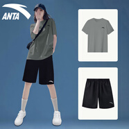 安踏（ANTA）運(yùn)動套裝女冰絲速干T恤短褲女士夏季薄短袖跑步健身運(yùn)動服體考女 豆灰色/基礎(chǔ)黑-速干套裝 L