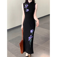 微愛(ài)的小松鼠（weiaidexiaosongshu）復古館新中式國風(fēng)氣質(zhì)港工黑色刺繡無(wú)袖旗袍裙春夏長(cháng)連衣裙 無(wú)袖版 M