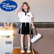 迪士尼女童套裝短褲運動(dòng)套裝蝙蝠衫POLO衫2025童裝夏季新款學(xué)院風(fēng)兩件套 白色【套裝】 120
