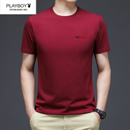 花花公子（PLAYBOY）男士純棉短袖T恤夏季中青年圓領(lǐng)印花半袖上衣服體恤衫 酒紅 7018 M 適合100-120斤穿