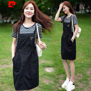 皮爾卡丹純·棉拼接連衣裙2025夏季新款顯瘦洋氣減齡休閑百搭a字系帶裙子 2183#黑色配條紋 3XL 【建議140-160斤】