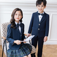 溫格奧兒童校服小學(xué)生班服校服春秋套裝二件套三件套學(xué)院英倫風(fēng)男童女童 女童三件套（外套+襯衫+裙子）配胸標+領(lǐng)花+襪子 130cm建議體重46-58斤