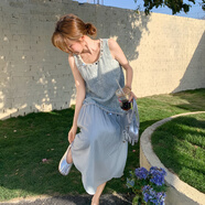 皮爾卡丹（pierre cardin）藍(lán)色漂亮氣質(zhì)亮片拼接繡花連衣裙女2025夏季新款高級(jí)感度假背心裙 藍(lán)色 新款面料升級(jí)版兩件套 M （100-115斤）