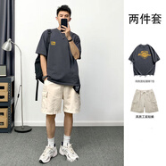 AEMAPE夏季套裝男日系短袖t恤男美式潮牌印花INS寬松潮流休閑工裝短褲 灰色T恤+米白色工裝短褲[純棉高質(zhì)量] 2XL （建議150-165斤）