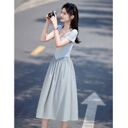 尚靜連衣裙女夏季新款女裝拼接撞色假兩件中長(cháng)款修身顯瘦短袖t恤裙女