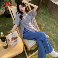 FSHE女裝秋季顯瘦搭配一整套炸街套裝小個(gè)子鹽系穿搭上衣闊腿褲兩件套 【兩件套】灰色上衣+藍色闊腿褲 L 【奶甜系穿搭一整套/冷淡系女