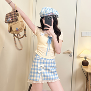 織物豬 桃桃曼波 甜美風(fēng)多巴胺格紋蝴蝶結短裙夏季女蕾絲邊半身裙 藍黃套裝 XS （75-85）